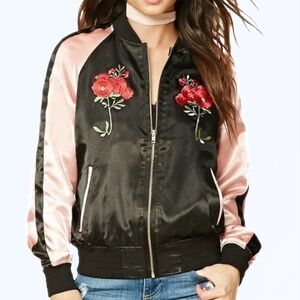 Forever 21 Embroidered Black & Pink Satin Bomber Jacket Size S